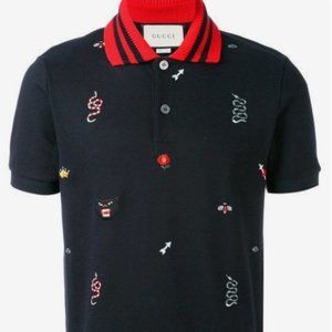 Mens Gucci Kingsnake Floral Embroidered Polo Shirt Ink Navy Blue